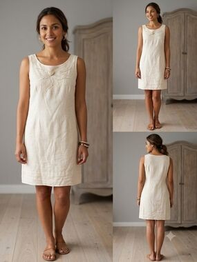Women’s Cream Embroidered Linen Midi Dress
